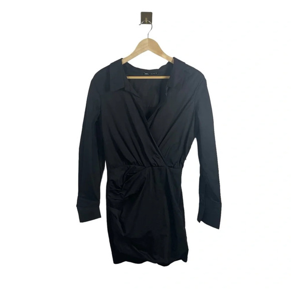 Zara Collared Long Sleeve Poplin Mini Shirt Dress in Black Size S - Picture 7 of 14